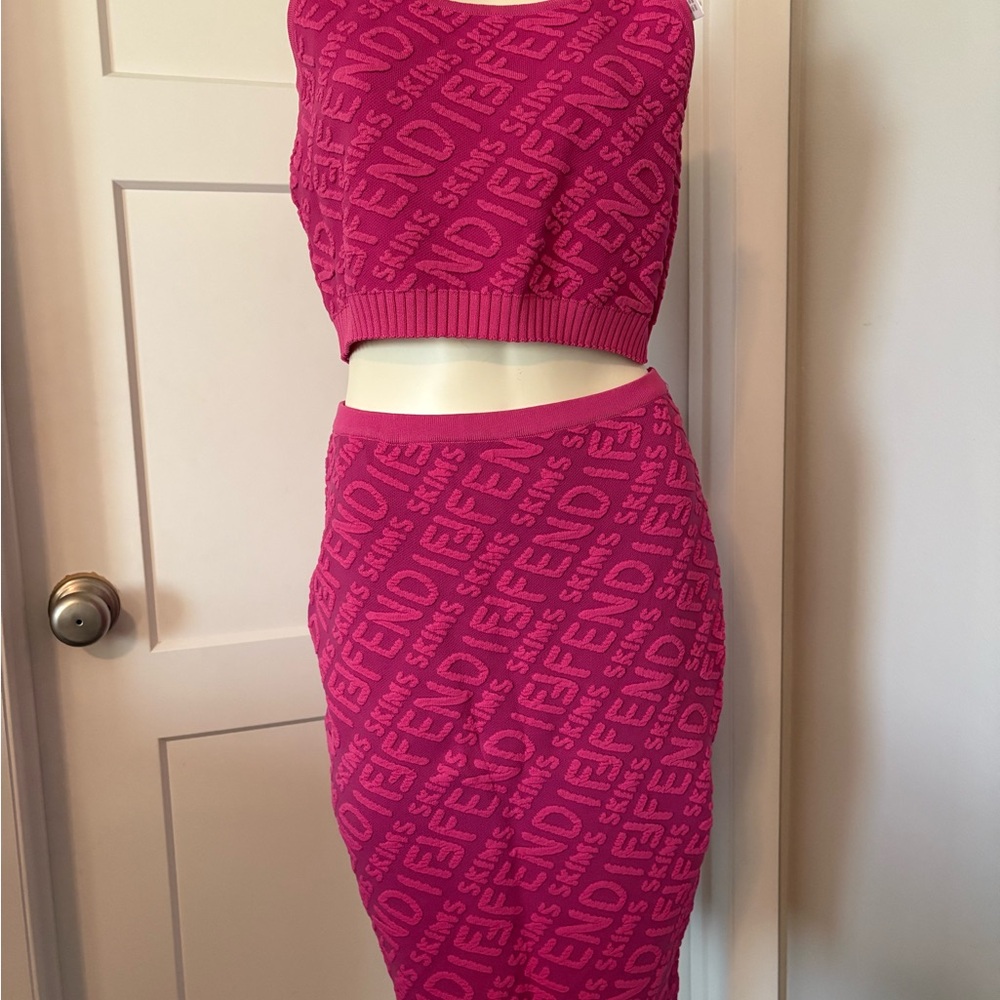 Pink Ribbed Midi Pencil Skirt Cocktail Set